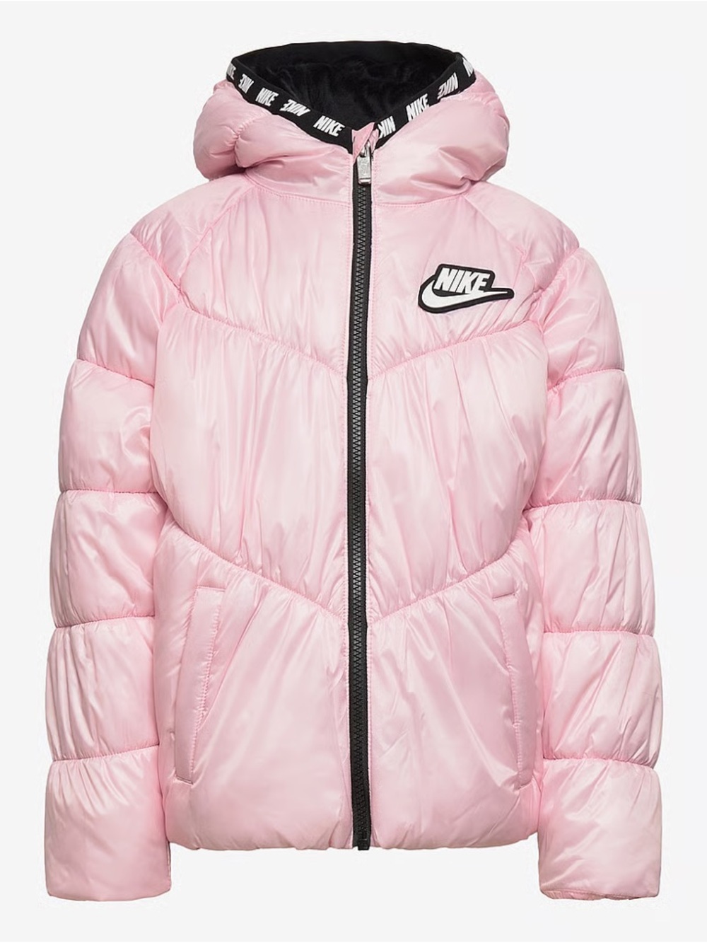 Nike Girl’s Chevron Hooded Puffer Jacket in Pink, Kid’s size 6X or 6-7 years
